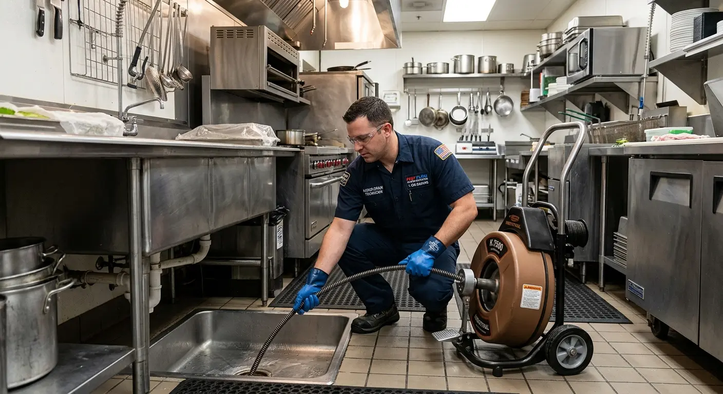 Commercial drain cleaning service in a restaurant kitchen in Durham