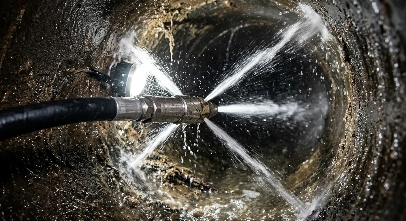 High-pressure hydro jetting nozzle cleaning sewer pipe for Sewer Cleanout in Durham