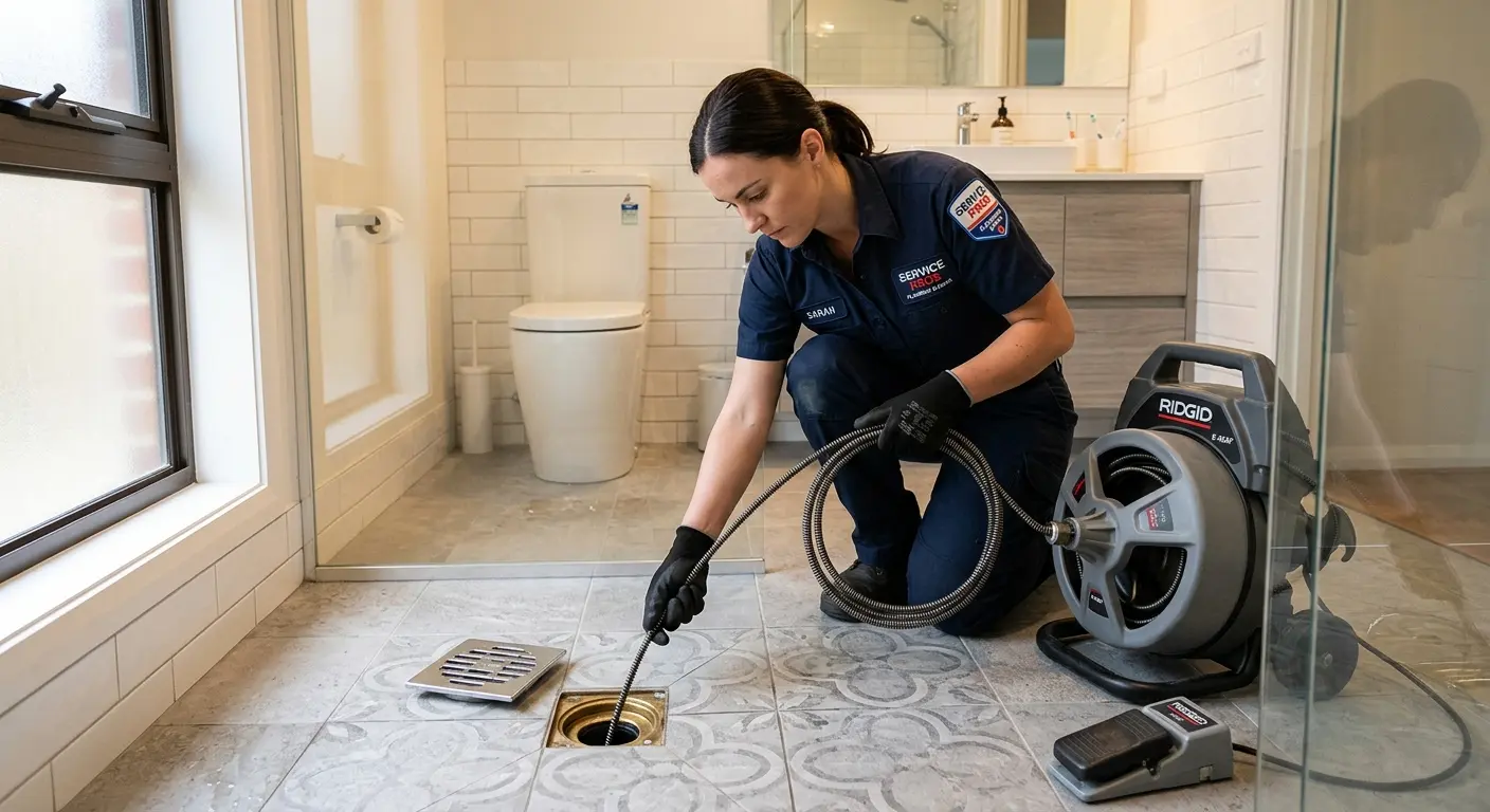 Technician clearing a bathroom floor drain for Hydro Jetting in Durham